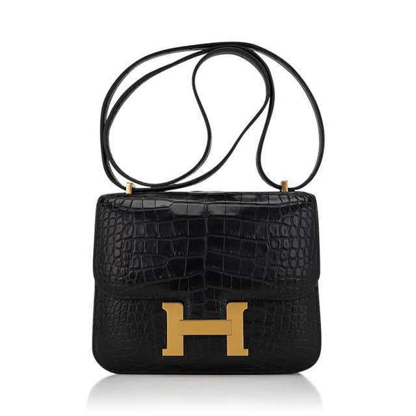 HRMS Constance 18 Sac Alligator noir mat Quincaillerie or et miroir