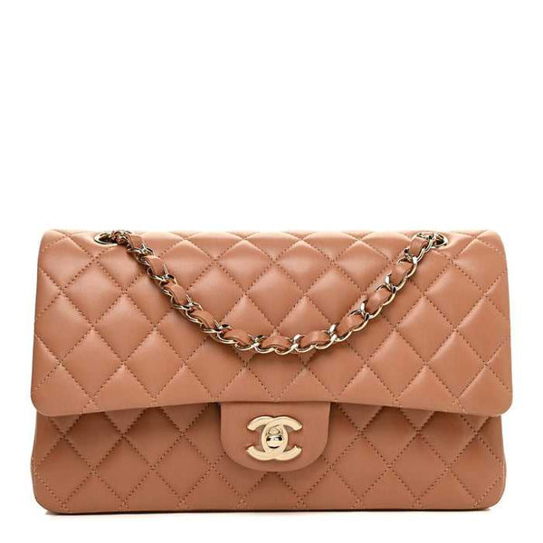 CH@NEL Lambskin Quilted Medium Double Flap Brown