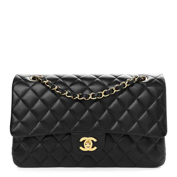 CH@NEL Lambskin Quilted Medium Double Flap Black