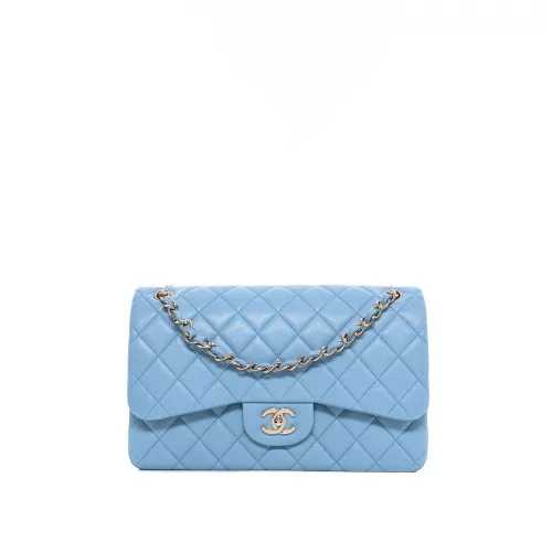 Ch@nel Sac porté épaule Jumbo Chanel Veau Caviar Bleu Clair