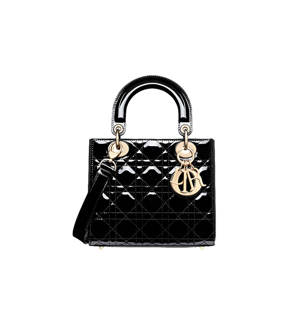 Sac Ladÿ Diôr Small de veau Cannage verni noir