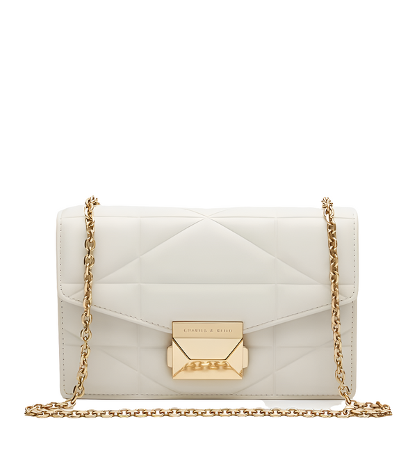 Blanche Chevron Chain-Strap Clutch - White