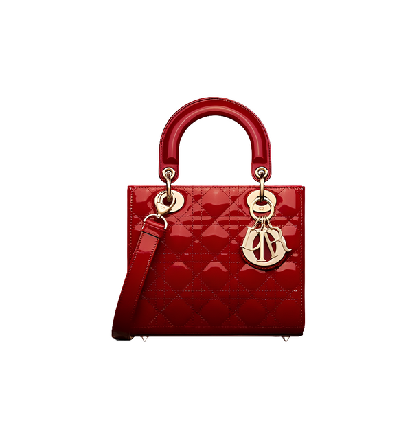 Sac Ladÿ Diôr Small de veau Cannage verni rouge cerise