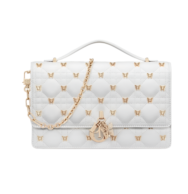 Mini sac My Diôr d'agneau Cannage blanc et studs dorés Dior Cabinet de Curiosités