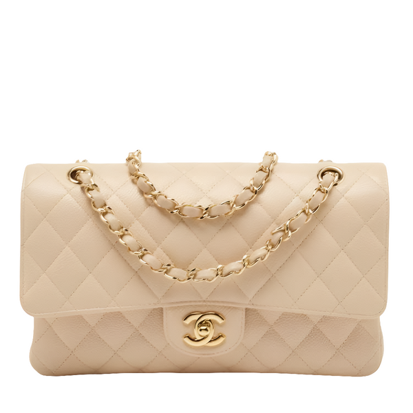 Ch@nel Beige Quilted Caviar  Medium Classic Double Flap Bag
