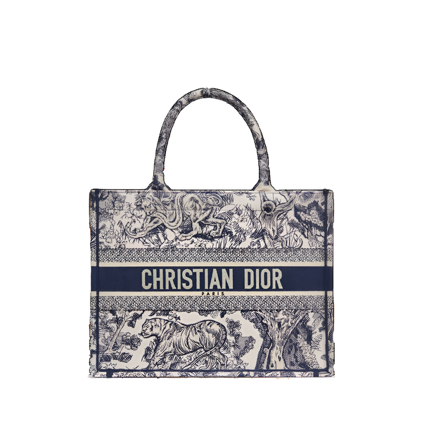 Sac Diôr Book Tote Medium Broderie Toile de Jouy écrue et bleue